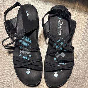 Skechers Reggae Slim Black Strappy Sandals with Blue Accents